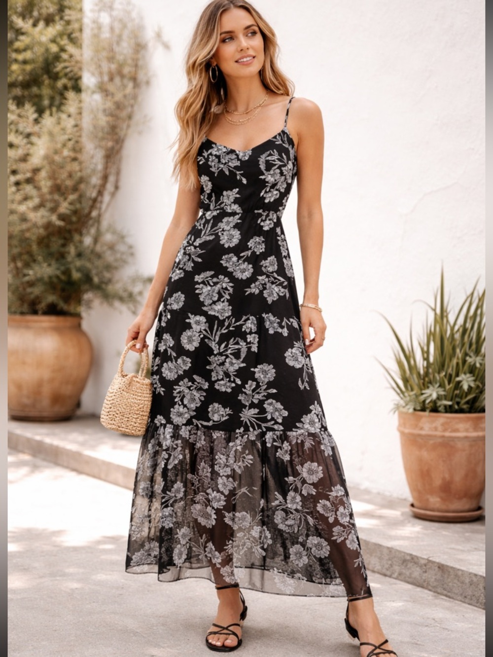 J Crew Black Sheer Floral Maxi Dress Tiered Spaghetti Strap Size 2